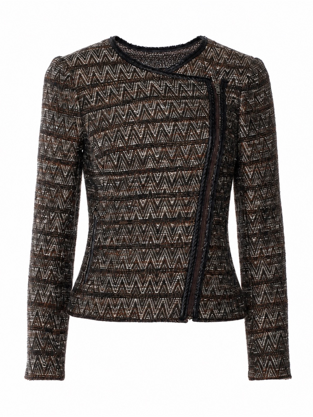 Trina Turk Brown Chevron Tweed Asymmetric Zip Jacket